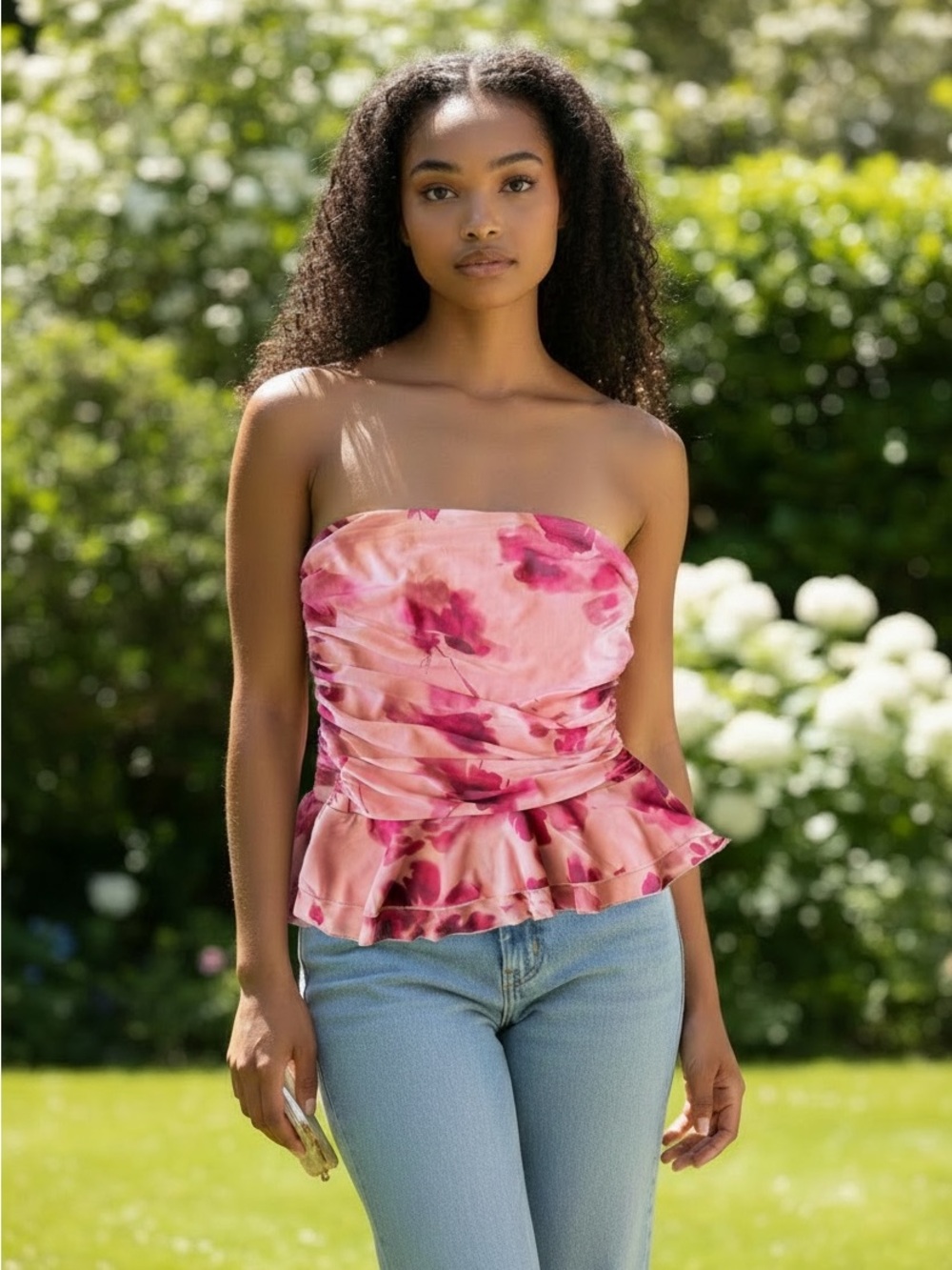 Pink Floral Strapless Peplum Camisole